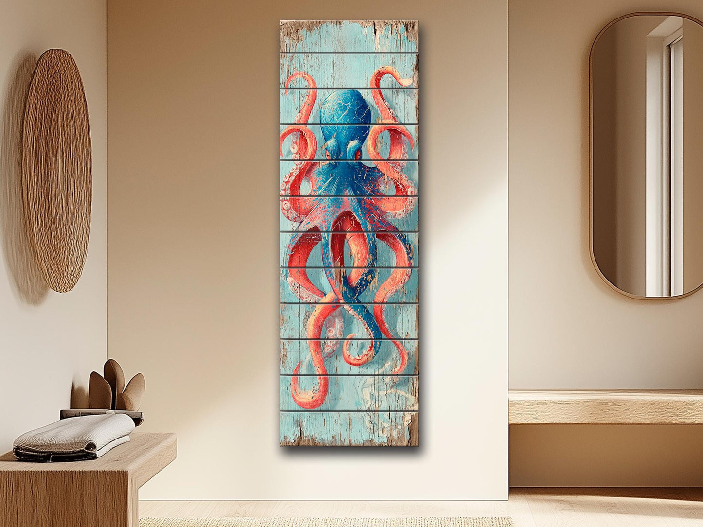 Octopus Wood Art – Colorful Nautical Wall Art | Coastal Sea Painting on Natural Wood