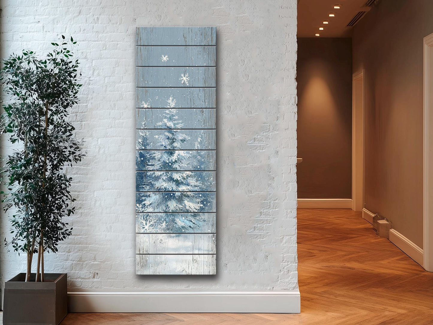 Rustic Wall Art – Snowy Forest Print on Wood Plank | Natural Wood Decor