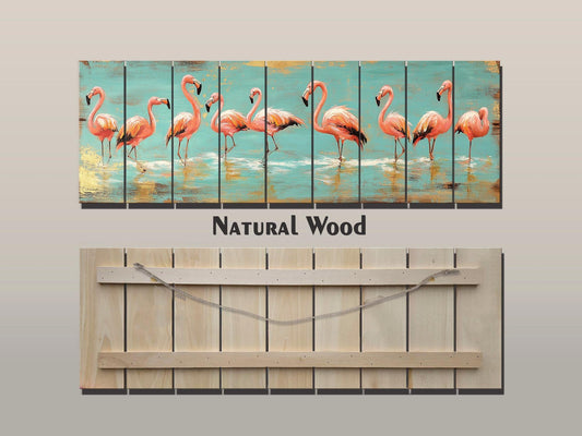 Wood Wall Art – Flock of Graceful Flamingos Print on Natural Wood, Rustic Flamingo Painting, Flamingo Wall Art, Soft Tones Birds Wall Art
