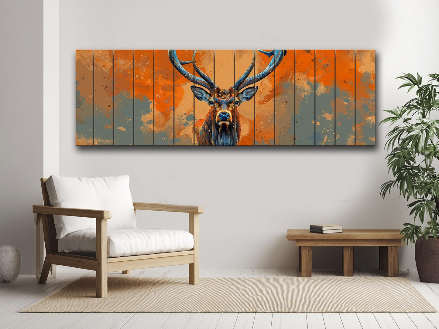 Wood Wall Art – Majestic Deer Print on Natural Wood with Rustic Grain Texture