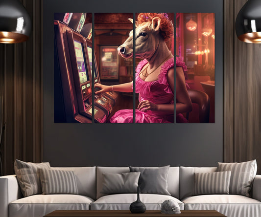 Casino Wall Art - Cow Playing Slots Print | Framed Canvas Ready to Hang