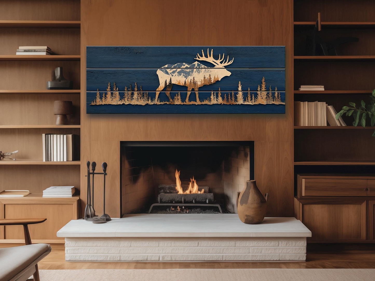 Elk Silhouette Wall Art - Rustic Wildlife Decor With Mountain Forest Print