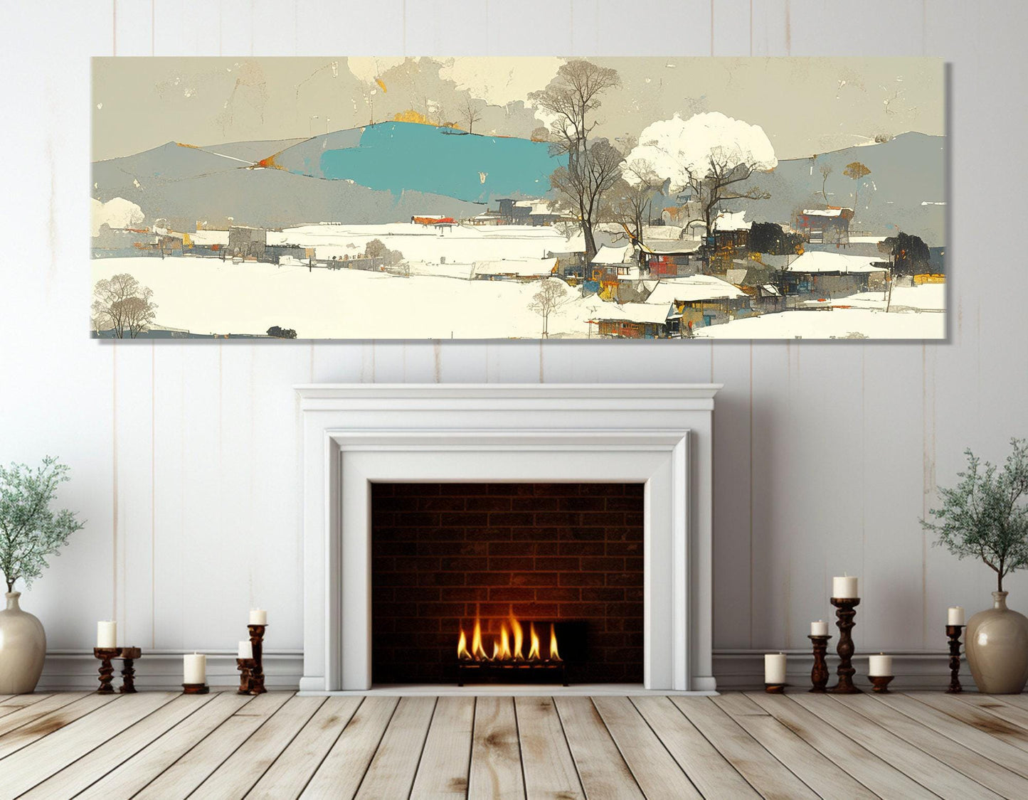 Modern Chinese Painting Canvas Print, Abstract Winter Landscape, Contemporary Chinese Wall Art, Asian Village, Framed and Ready to Hang