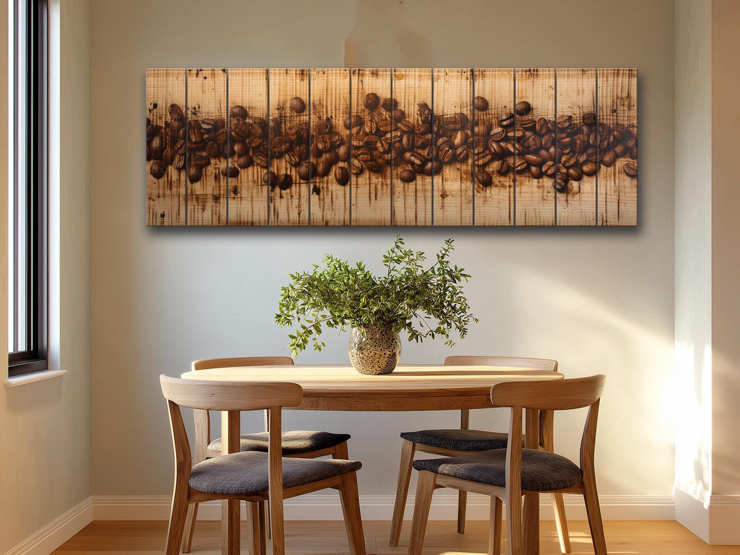 Coffee Beans Rustic Art Print on Natural Wood – Kitchen Wall Decor