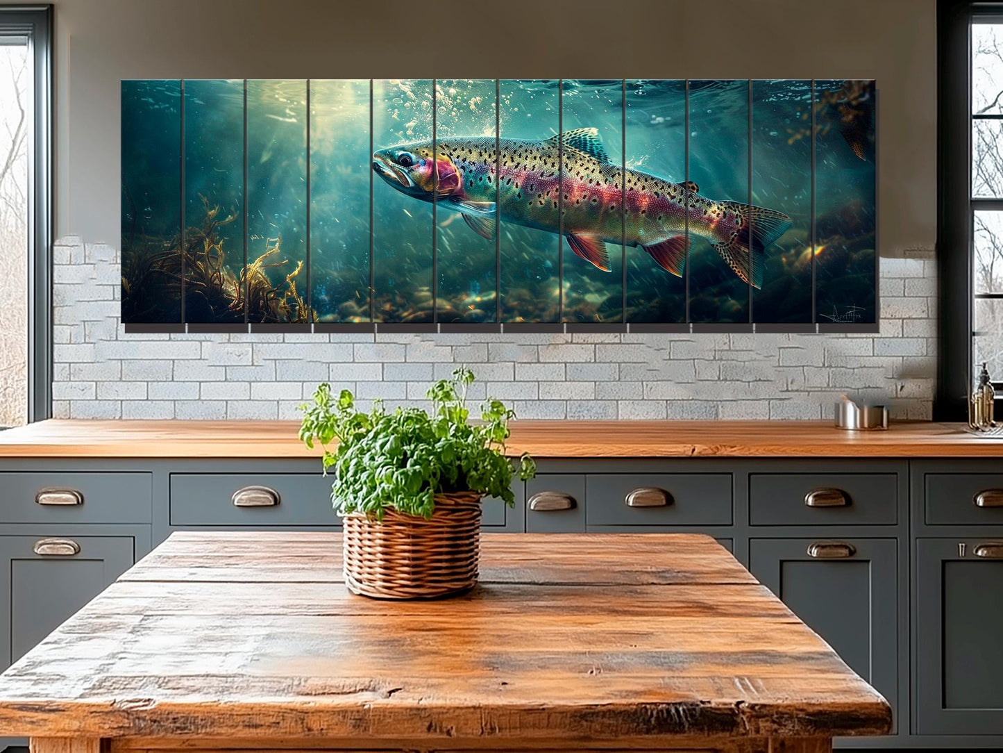 Rainbow Trout Wall Art – Wooden Wall Decor | Abstract Fish Poster on Wood Planks