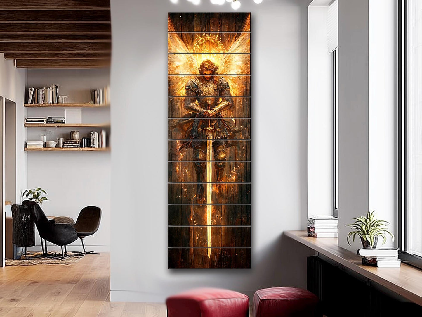 Saint Michael the Archangel Painting Printed on Natural Wood – Rustic Religious Print, Christian Wall Decor, Religious Wall Art