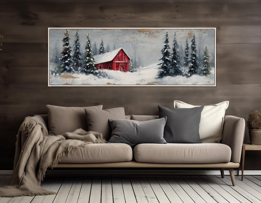 Winter Wall Decor – Snowy Landscape Print With Rustic Barn Canvas, Framed
