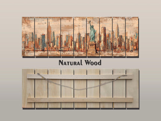 New York Skyline Wood Print – Vintage Panoramic Wall Art – Rustic Farmhouse Decor