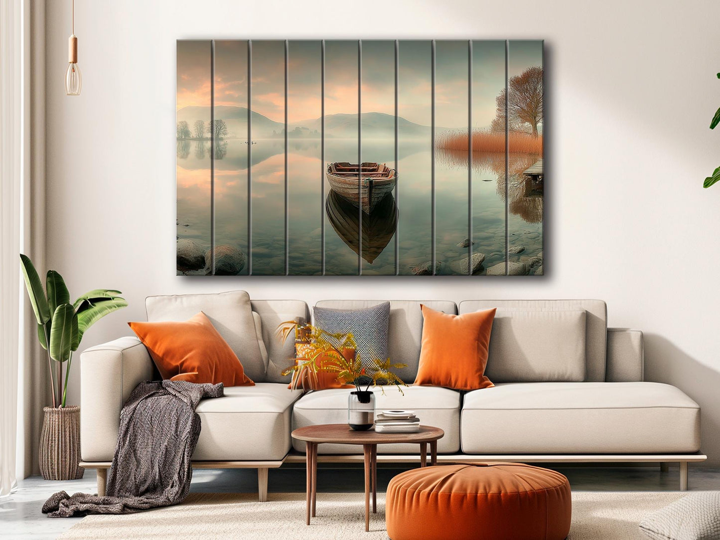 Boat on Misty Lake Print on Wood, Serene Nature Landscape, Rustic Mountain Wall Art