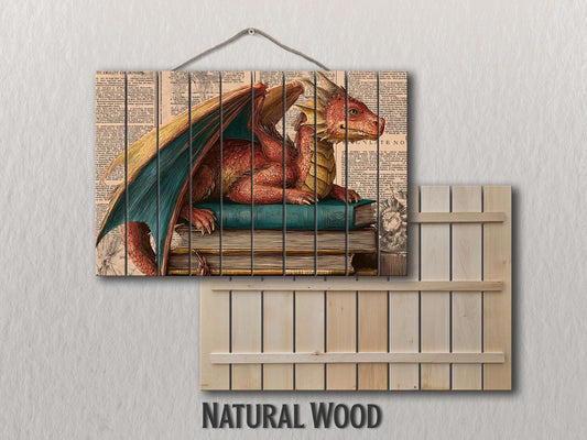 Dragon Book Print on Wood – Vintage Fantasy Wall Decor, Victorian Style Wall Art