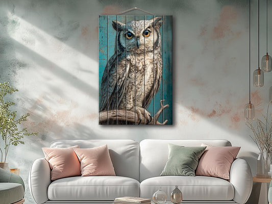 Wood Wall Art – Piercing Owl Wood Print on Linden Planks | Rustic Farmhouse Decor