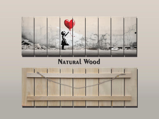 Wood Wall Art – Banksy Style Balloon Girl Poster | Rustic Wood Panel Decor