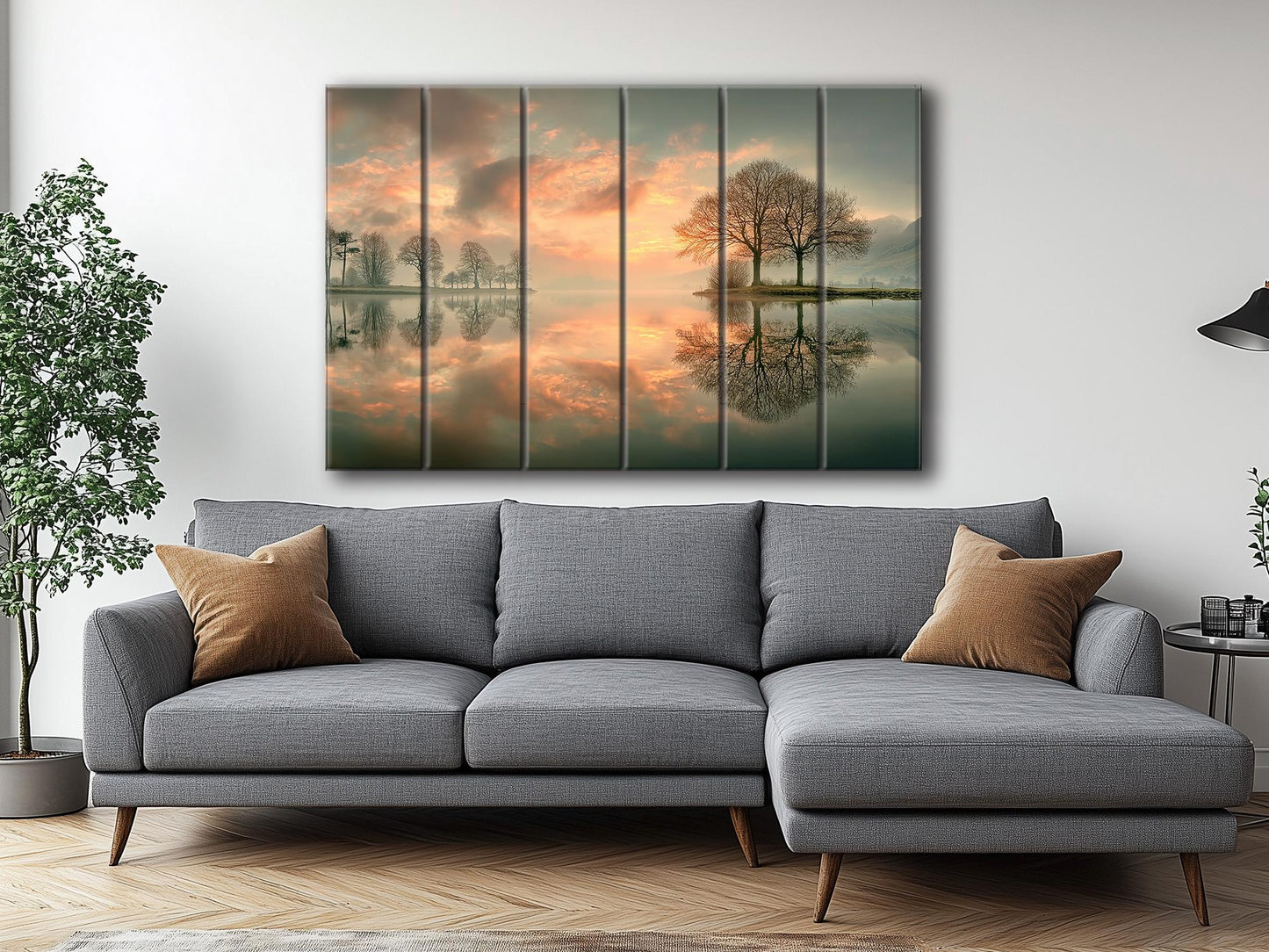 Sunset Lake Print on Wood, Trees Reflection Landscape, Rustic Nature Wall Decor