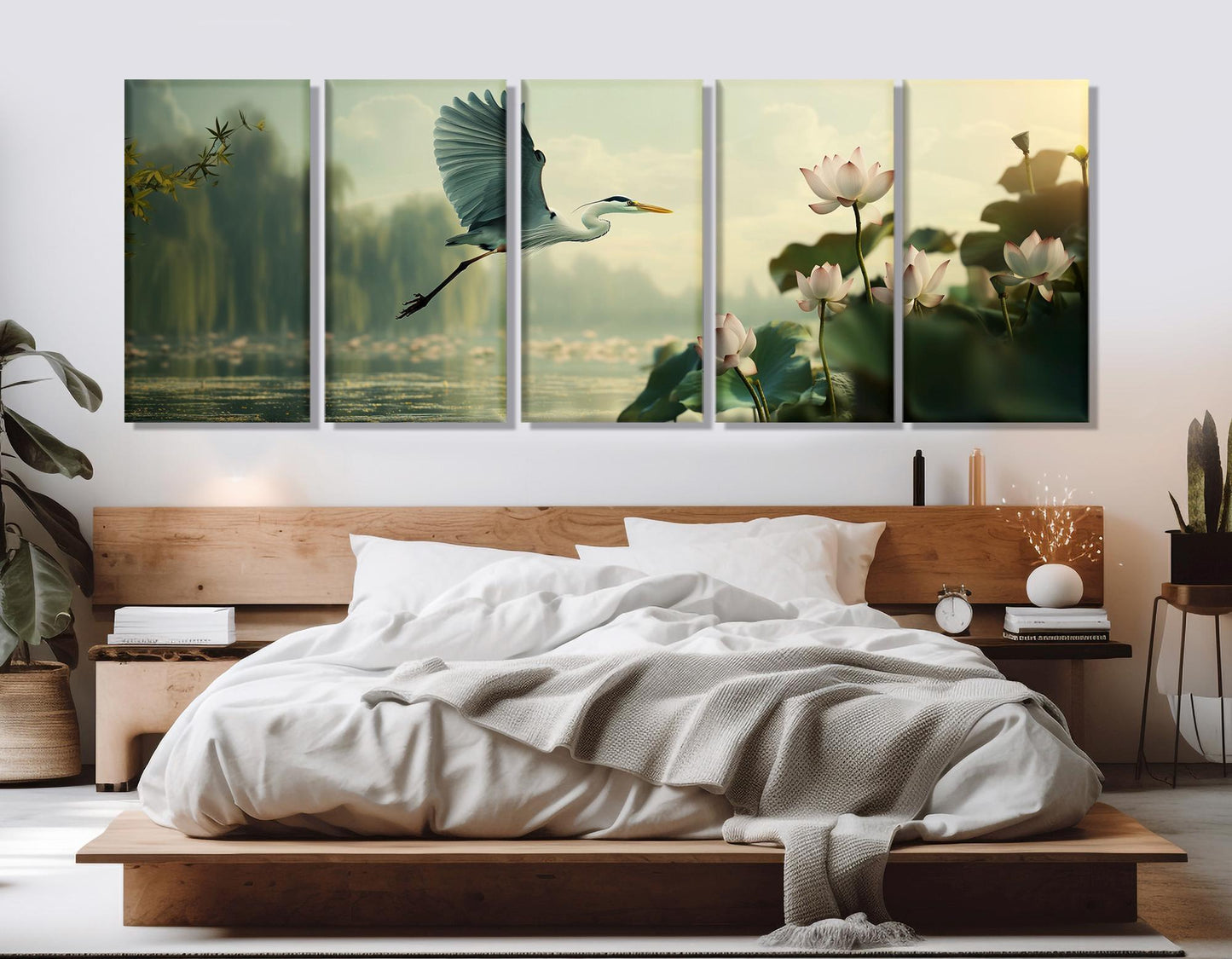 Flying Heron Canvas Print – Large Soft Colors Abstract Heron Painting | Ready to Hang