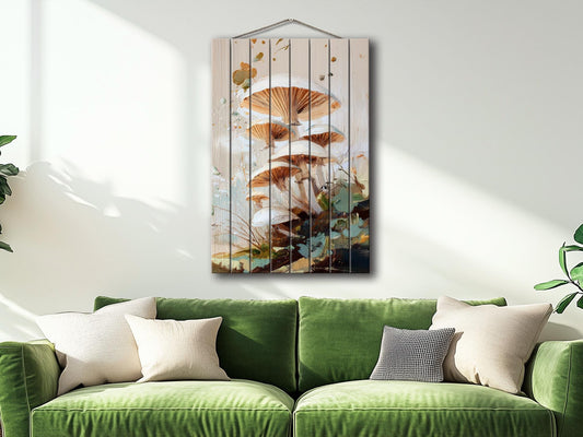 Wood Wall Art – Rustic Nature Print with Forest Mushrooms – Cozy Farmhouse Decor
