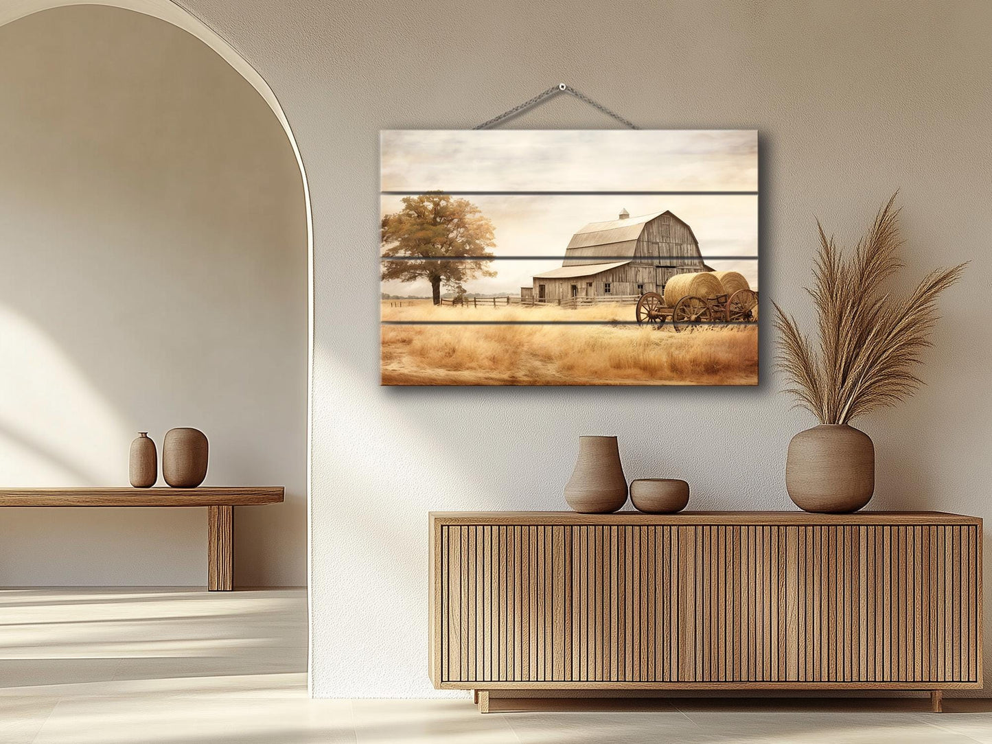 Rustic Wood Wall Art – Old Barn Painting on Natural Wood Plank Art with Vibrant UV Printing