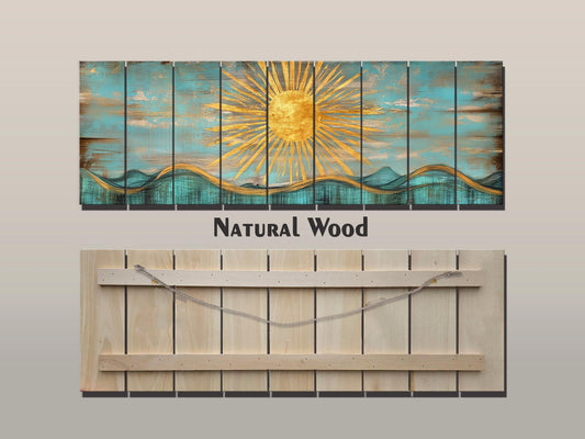 Abstract Golden Sun Over Turquoise Waves Print on Natural Wood, Boho Sunrise Print, Rustic Sun Painting, Boho Wall Decor, Wood in Interior