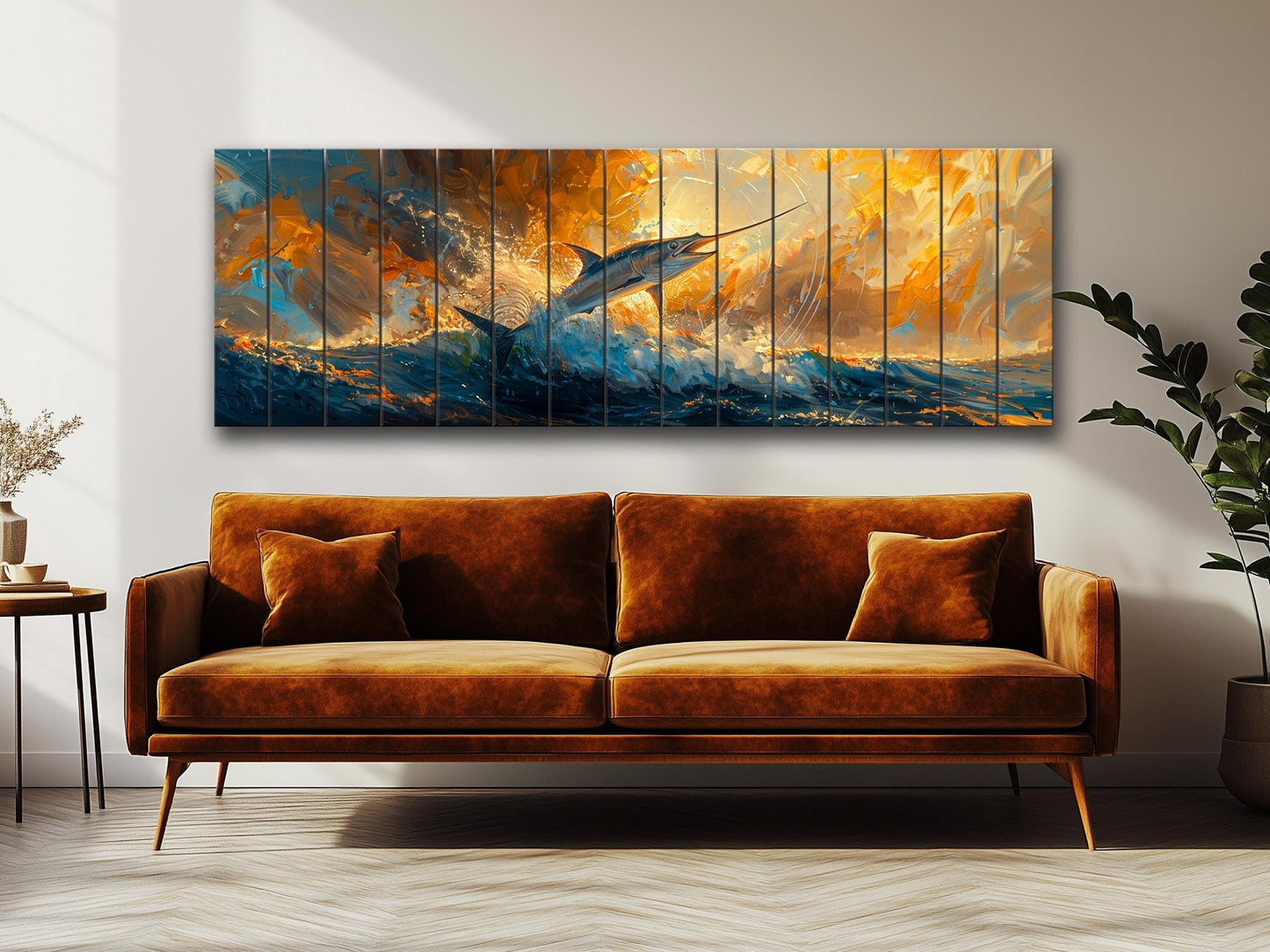 Marlin Wood Wall Art – Colorful Marlin Print on Natural Wood Planks