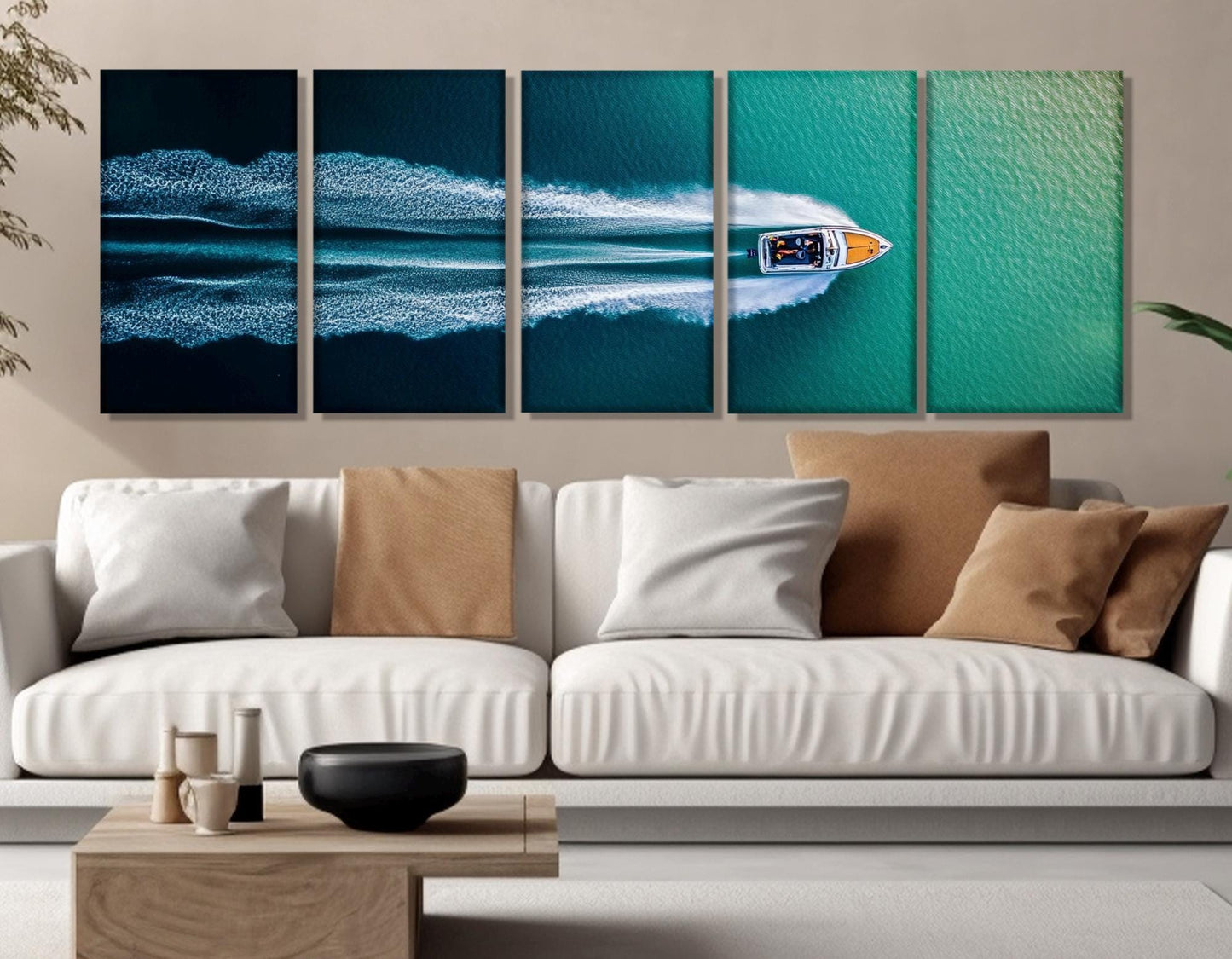 Minimalist Seascape Canvas - Framed Canvas Print | Aerial Motor Boat Artwork