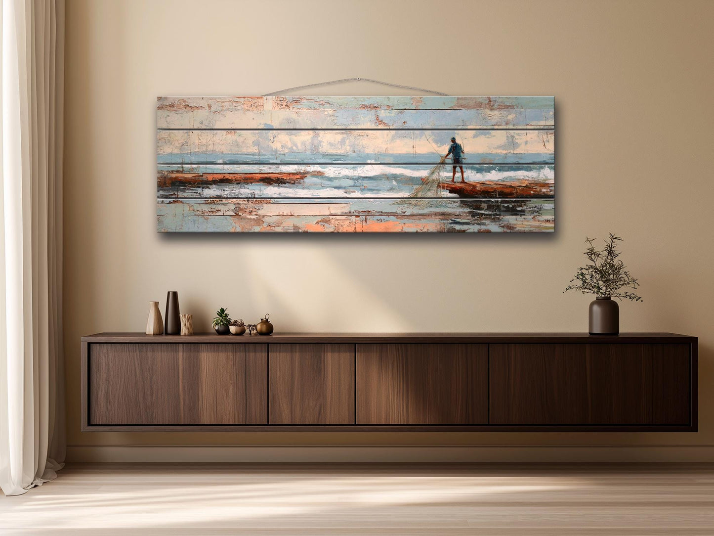 Fisherman Print Wood - Rustic Coastal Wall Art With Sea Nets & Calm Sky Painting