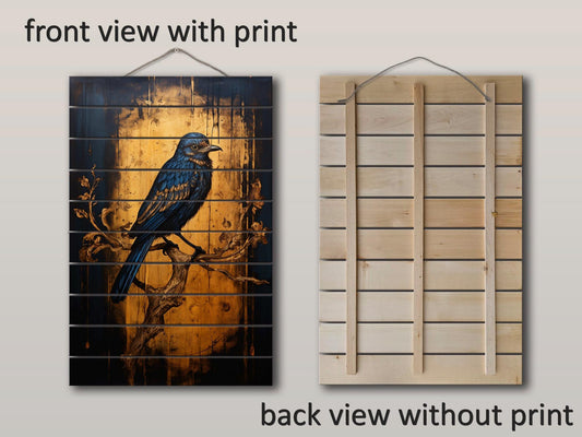Vintage Blue Songbird Art – Rustic Wall Art on Natural Wood Plank with Fade Resistant Print