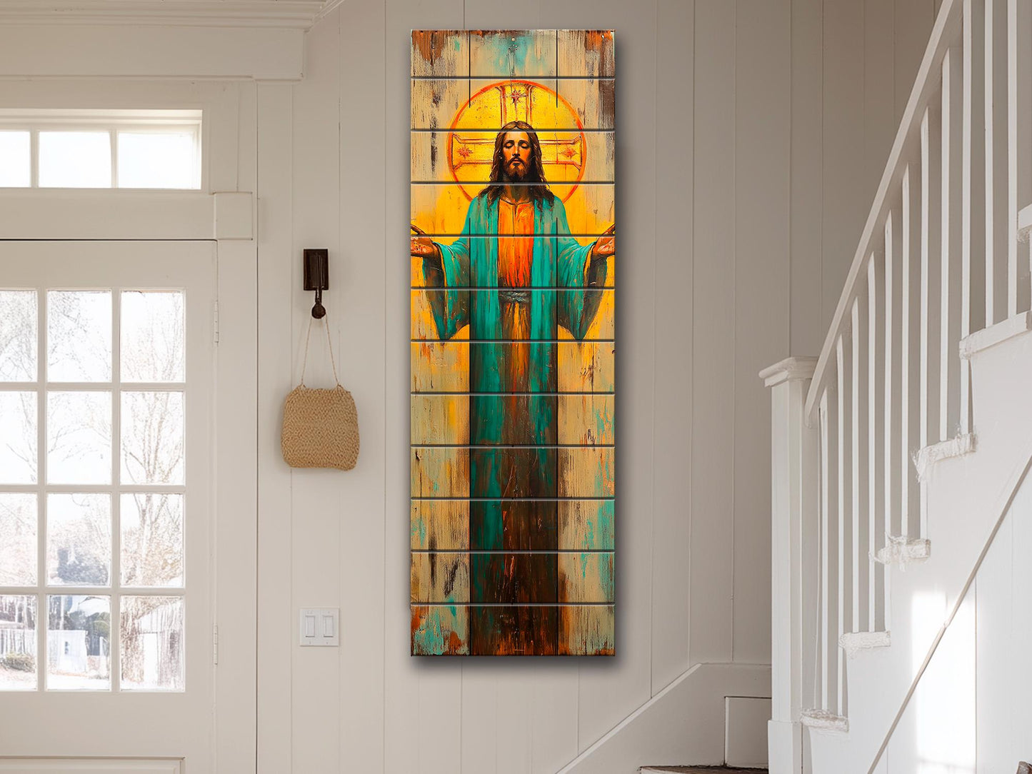 Jesus Christ with Open Arms Painting on Natural Wood – Rustic Religious Print, Christian Wall Decor, Biblical Wall Art, Church Wall Decor