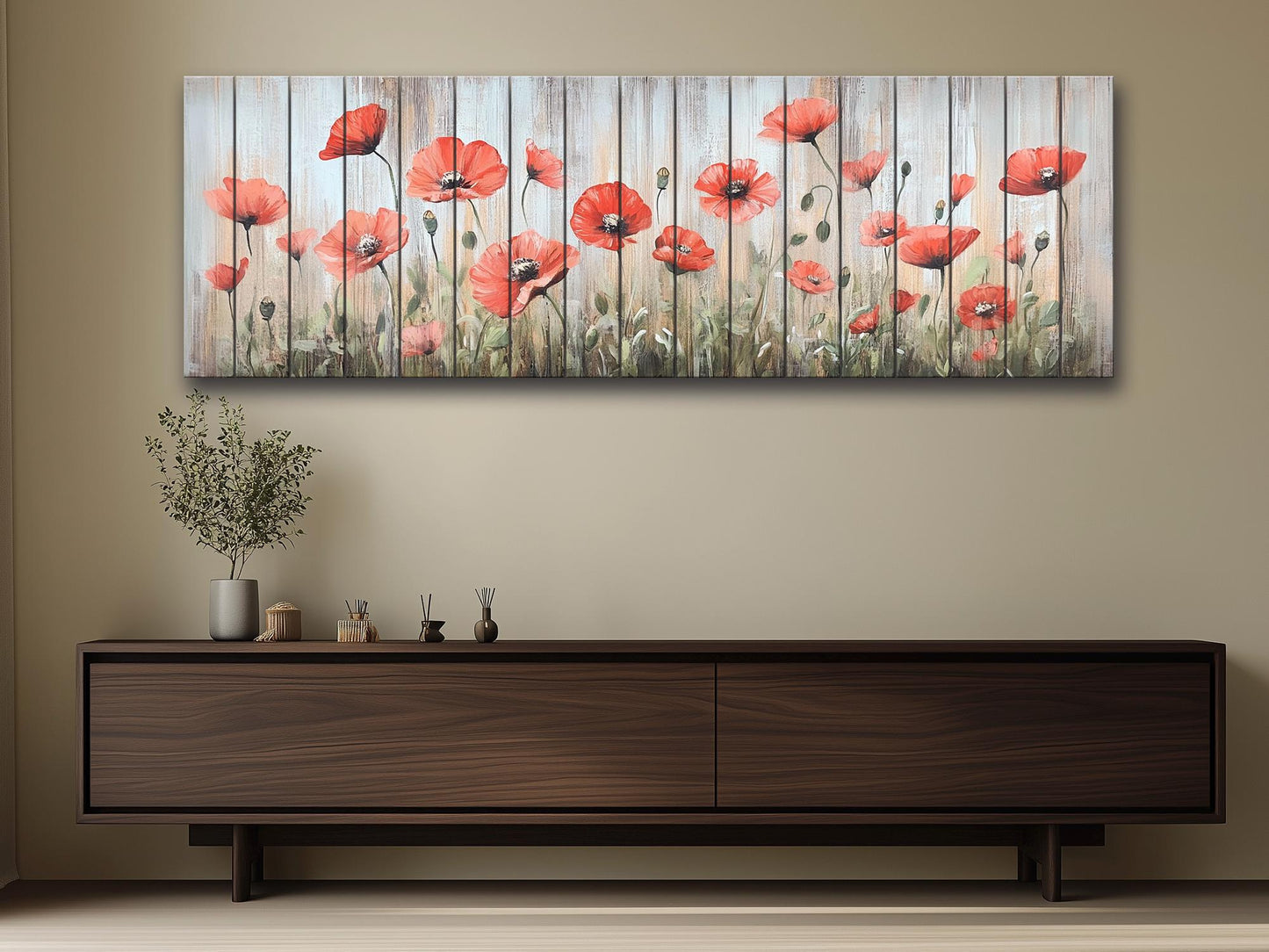 Wood Wall Art – Whimsical Field of Wild Poppies Dancing in the Breeze, Poppies Wall Art, Rustic Floral Wall Decor