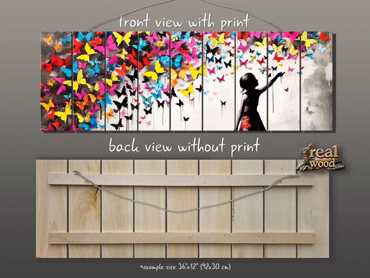 Wood Wall Art | Urban Street Art Print on Natural Wood Plank with Butterflies