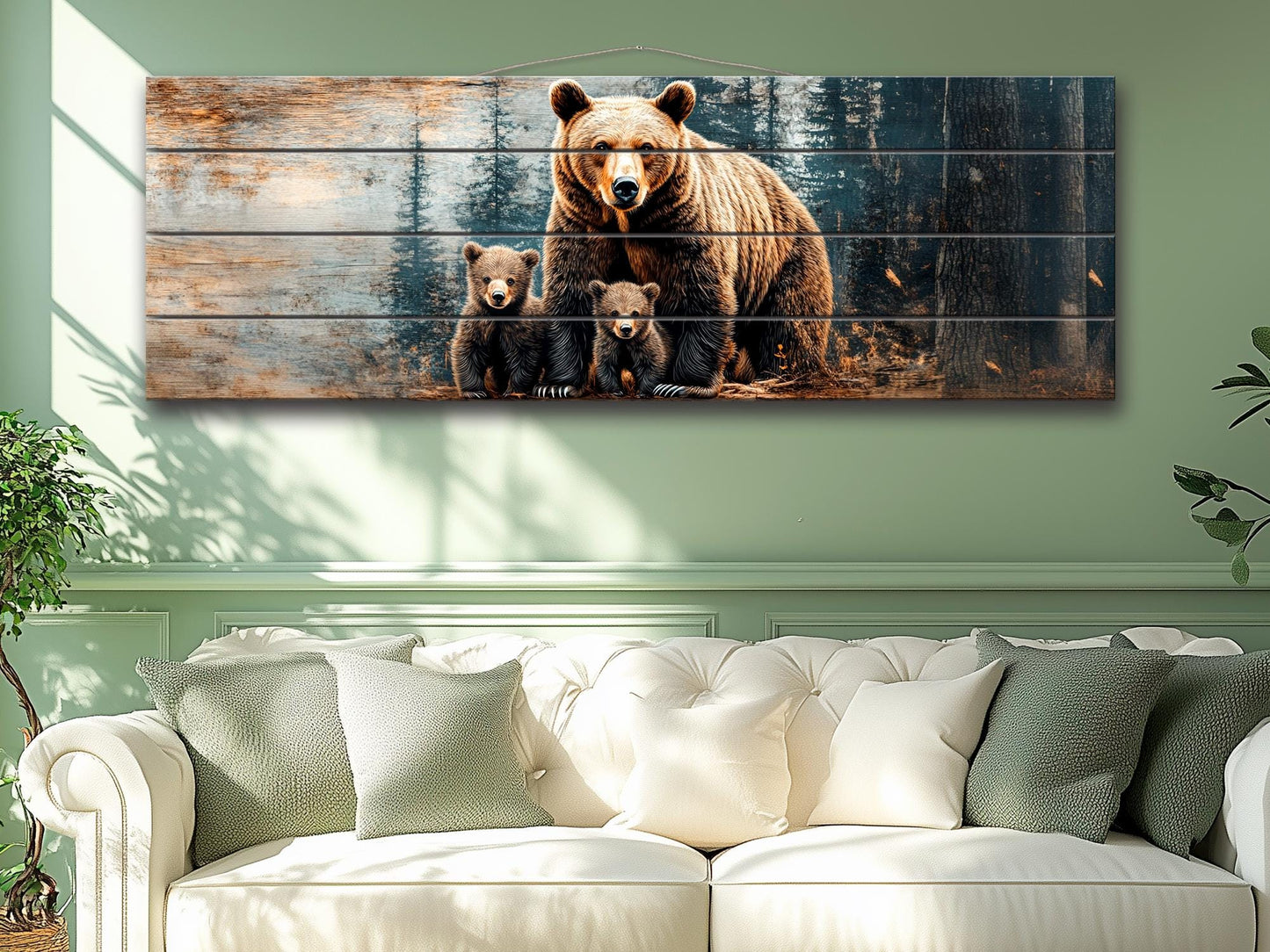 Grizzly Bear Wall Art - Rustic Wood Print with Bear Family Painting on Natural Wood Planks