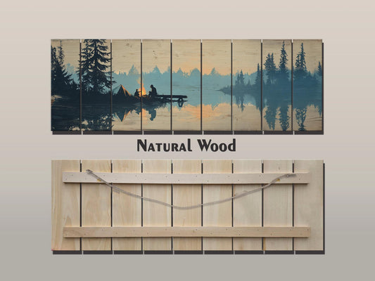 Campfire Print on Wood – Rustic Wood Decor with Mountain Lake and Warm Firelight