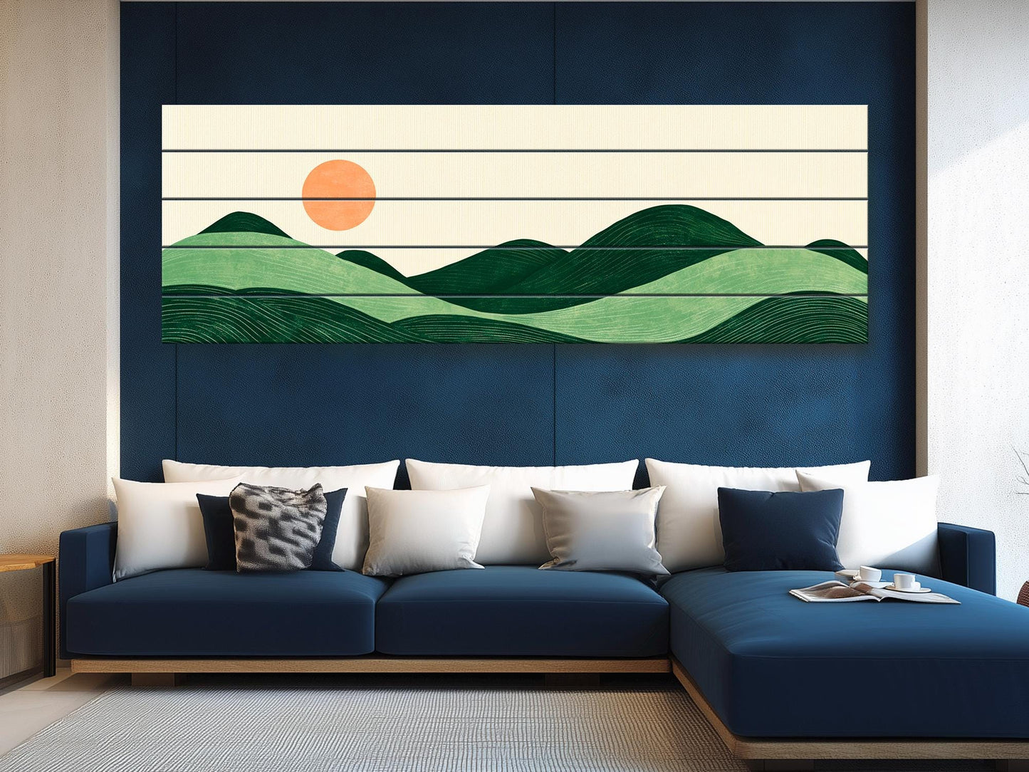 Minimalist Landscape Print on Wood, Boho Hills and Sun Wall Art