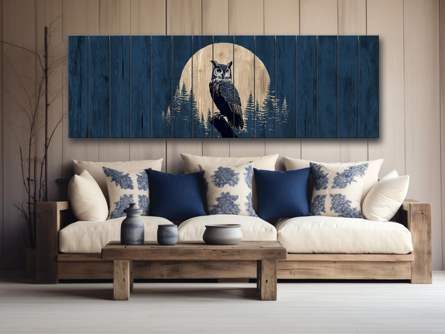 Owl Silhouette in Moonlit Forest Print on Wood, Rustic Woodland Wall Art