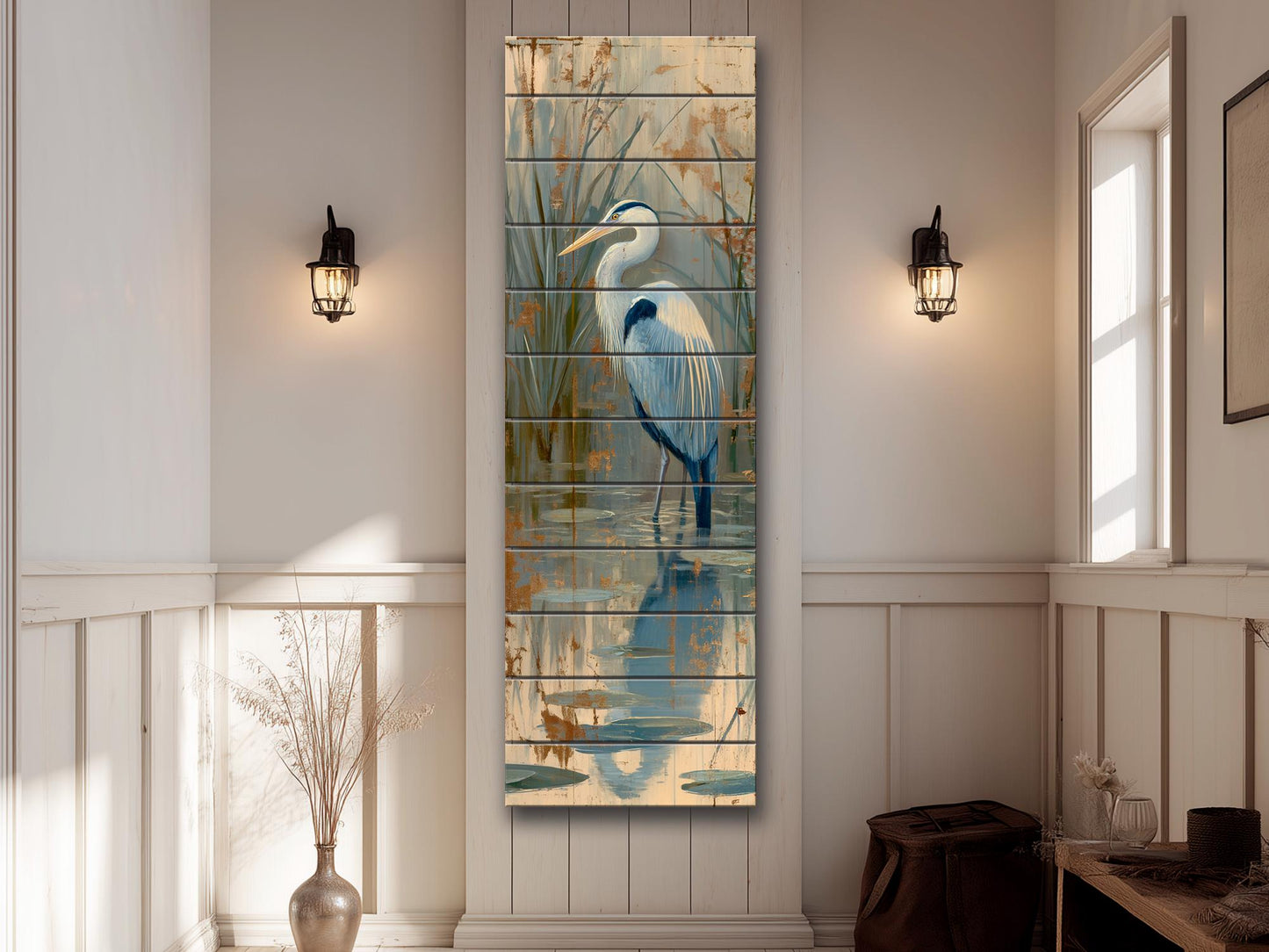 Heron in a Lake Rustic Print on Natural Wood, Cozy Cabin Wall Decor