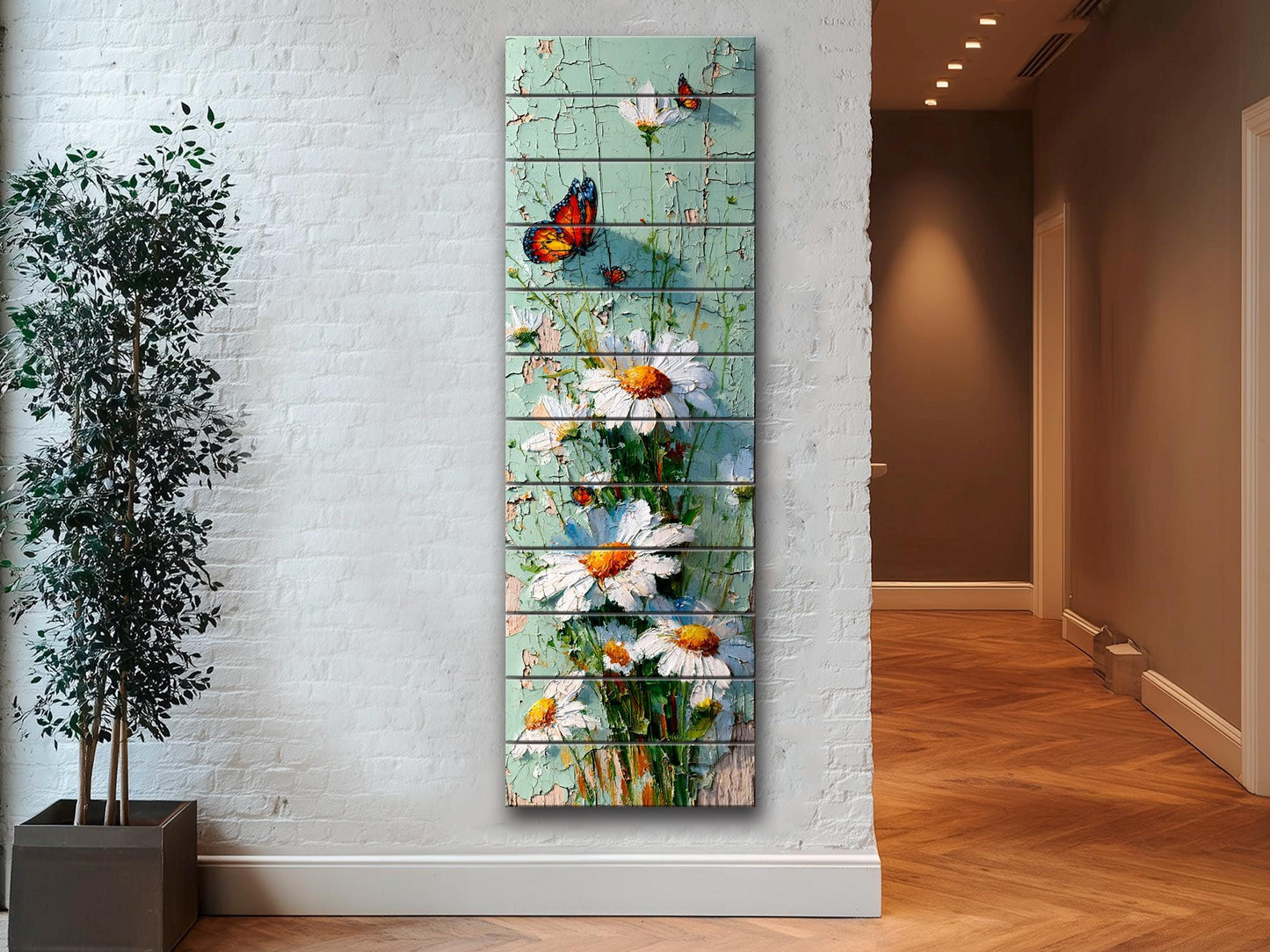 Butterfly and Daisies Wall Art – Rustic Floral Decor on Wooden Panels for Farmhouse Style