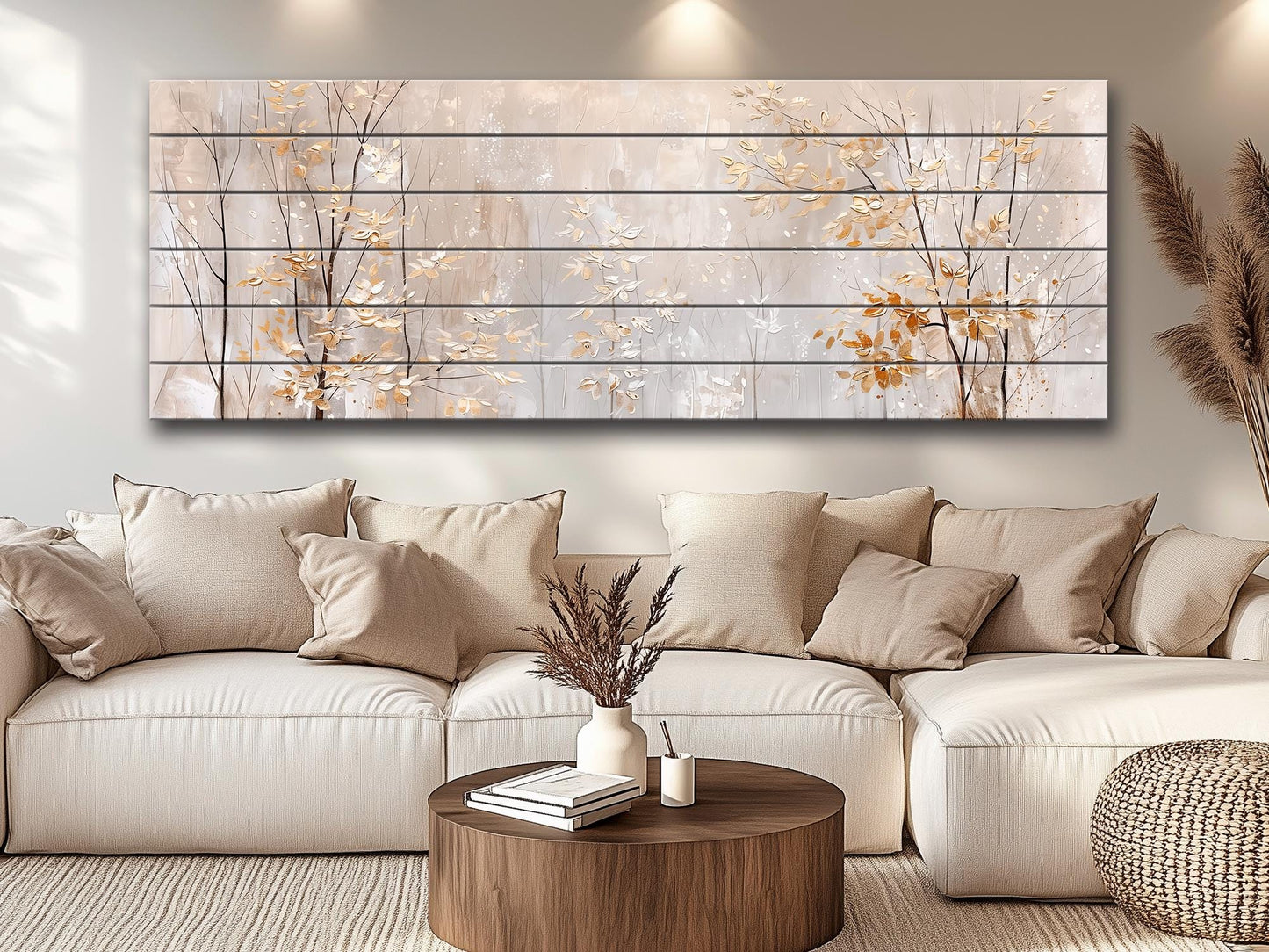 Wood Wall Art – Winter Forest Art with Golden Leaves Painting | Rustic Wood Panel Print