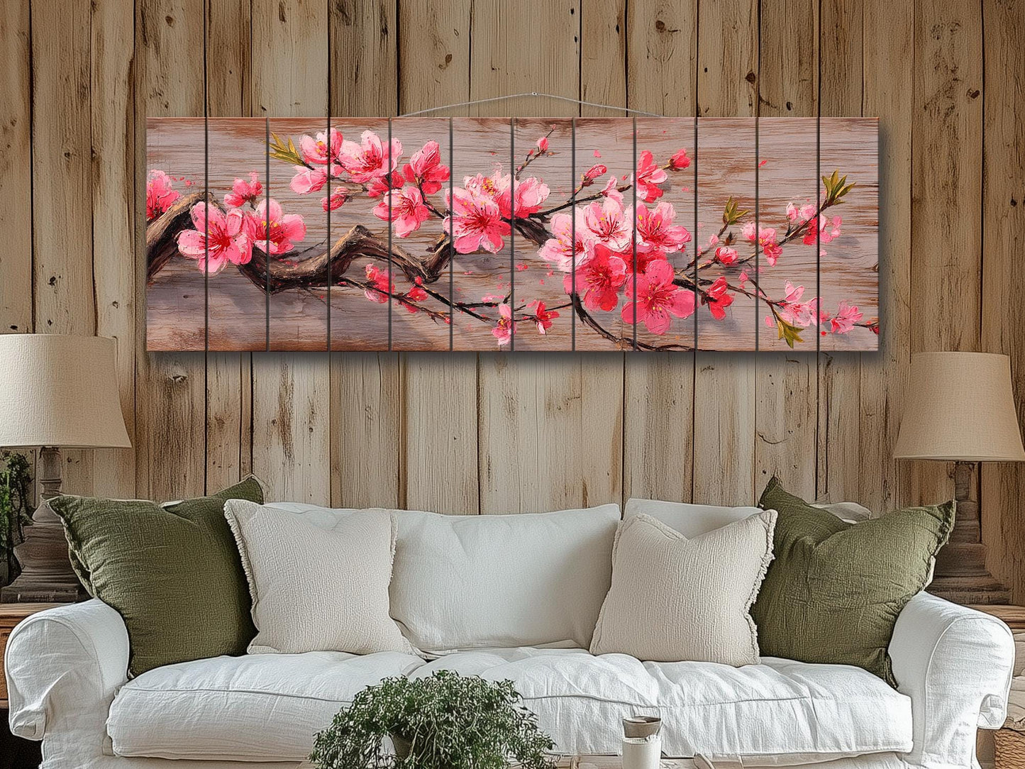 Wood Wall Art - Sakura Branch Painting Printed on Natural Wood, Sakura Tree Print, Japanese Wall Art, Rustic Japanese Wall Decor