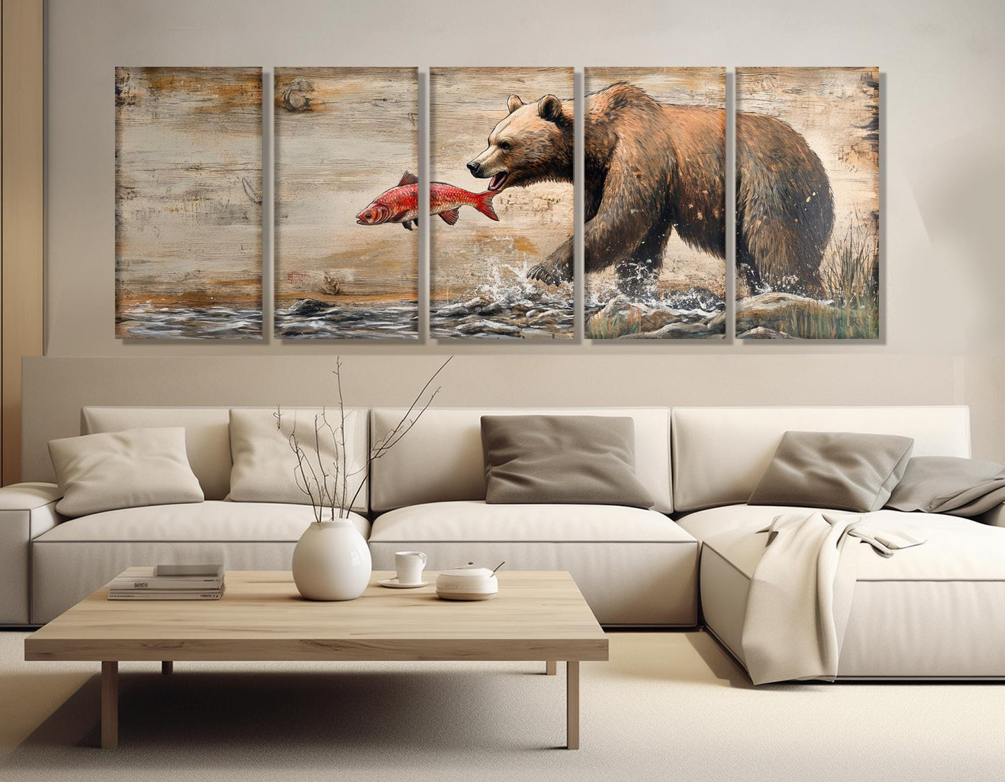 Grizzly Bear Canvas Print – Rustic Bear Painting | Fishing Lodge Decor, Ready to Hang