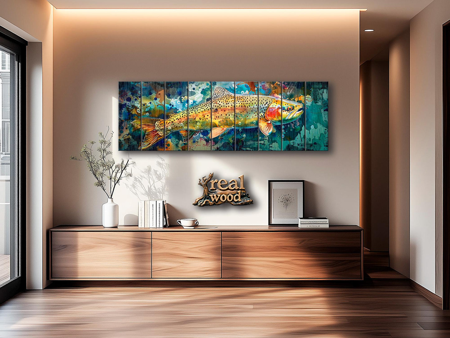 Rainbow Trout Painting Printed on Wood, Fishing Wall Art, Rustic Wood Wall Decor