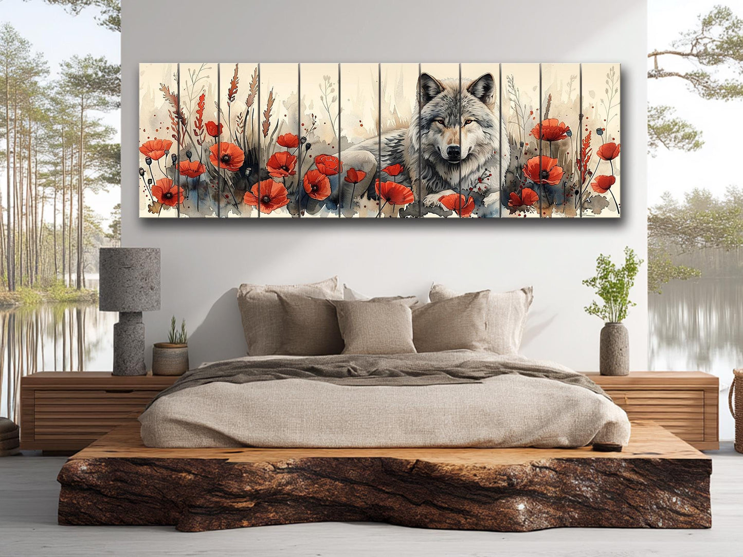 Wolf Wood Wall Art – Rustic Wood Print with Red Poppies and Wildlife Decor