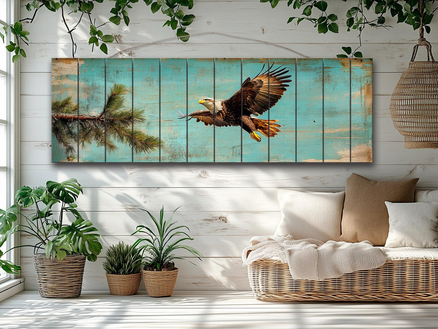 Rustic Wood Wall Art - Abstract American Bald Eagle Painting on Natural Wood Planks