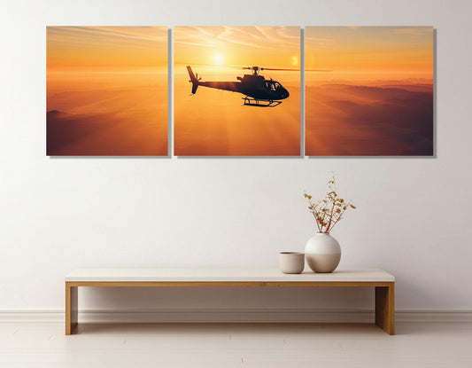 Helicopter Canvas Print – Aviation Wall Art | Framed Panoramic Sunset Artwork