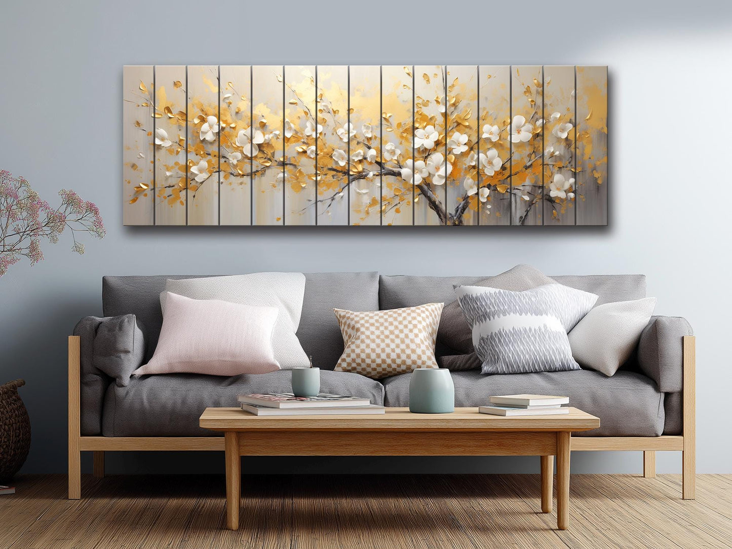 Abstract Gold and White Blossom Tree Print On Natural Wood