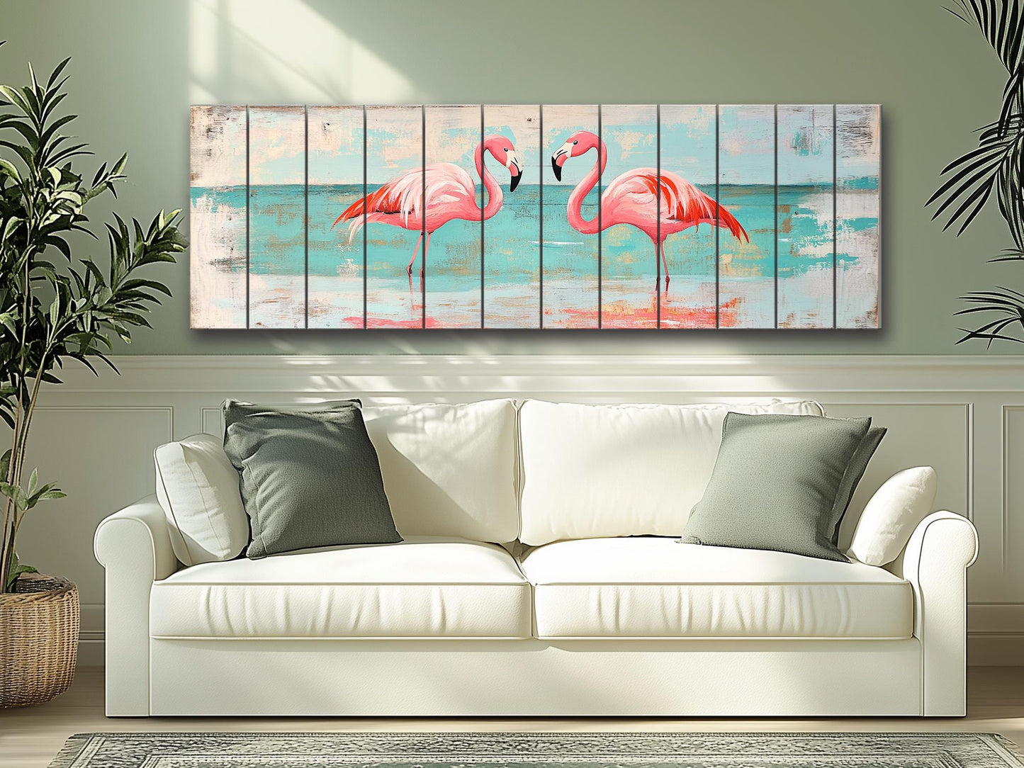 Flamingo Couple Print on Natural Wood, Romantic Wall Art, Rustic Flamingo Painting, Flamingo Wall Art, Soft Tones Bedroom Wall Decor