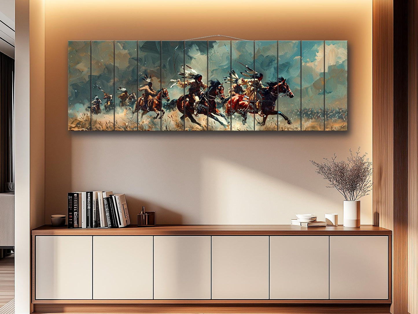 Native Americans Wood Print - UV Printed Wood Panel with Horseback Battle Scene