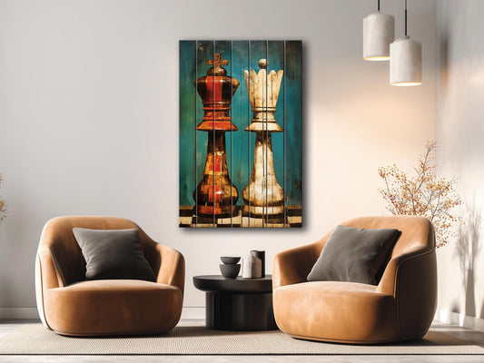 King Queen Chess Art - Rustic Wooden Chess Print On Natural Wood, Ready To Hang