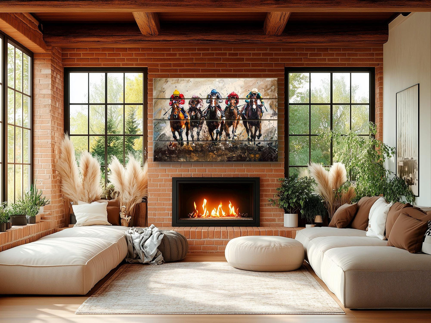 Horse Racing Painting Printed on Wood, Horses Wall Art, Horse Racing Fan Gift, Kentucky Derby Wall Art, Rustic Natural Wood Print