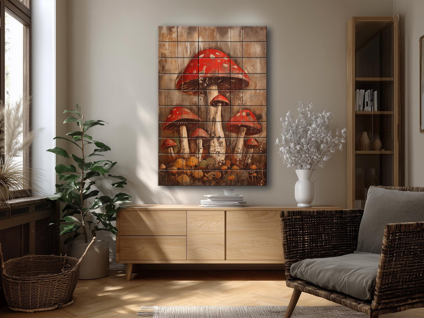 Rustic Mushroom Wall Art – Natural Wood Print | Forest Garden Decor