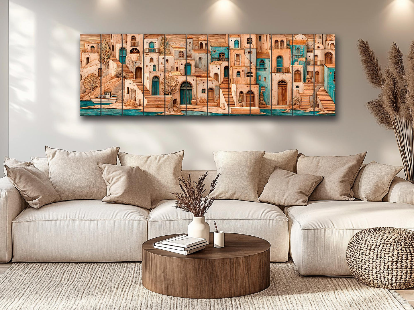 Mediterranean Wood Art - Rustic Coastal Wall Decor | Harbor Panorama Print