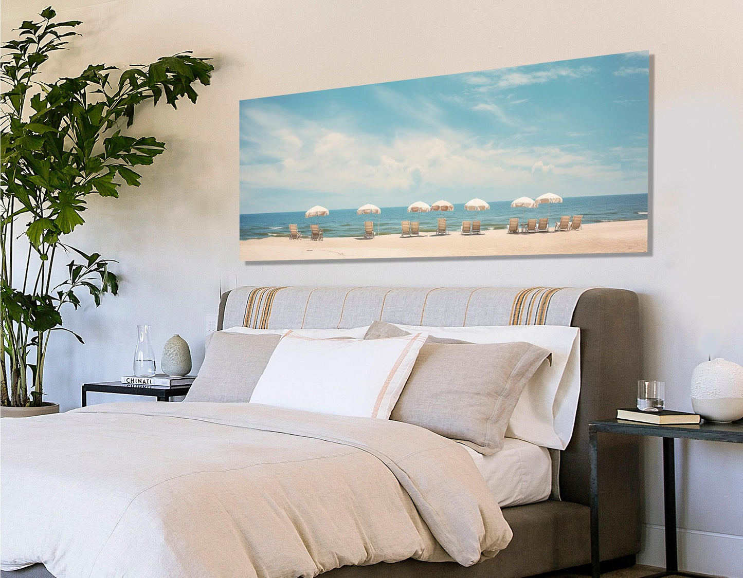 Beach Canvas Print - Framed Canvas Art with Sun Loungers & Umbrellas, Ready to Hang
