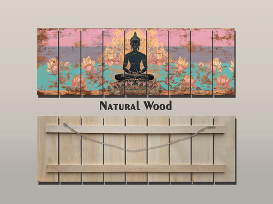 Wood Wall Art – Peaceful Buddha Silhouette with Lotus Flowers Print on Natural Wood, Buddhist Wall Decor, Buddha Painting, Buddhist Gift